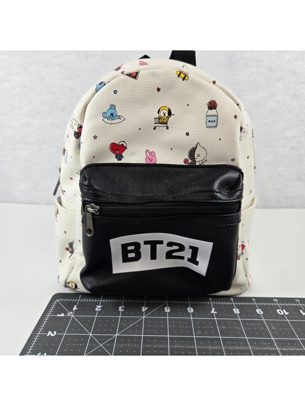 BT21 Mini Backpack White with Character Print and Black Front Pocket